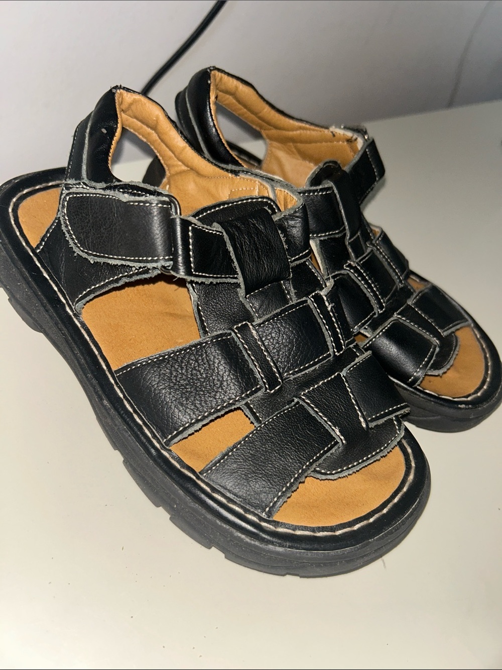 Jumbo Coco Vintage Black Grained Leather Boys Fisherman Sandals size 3